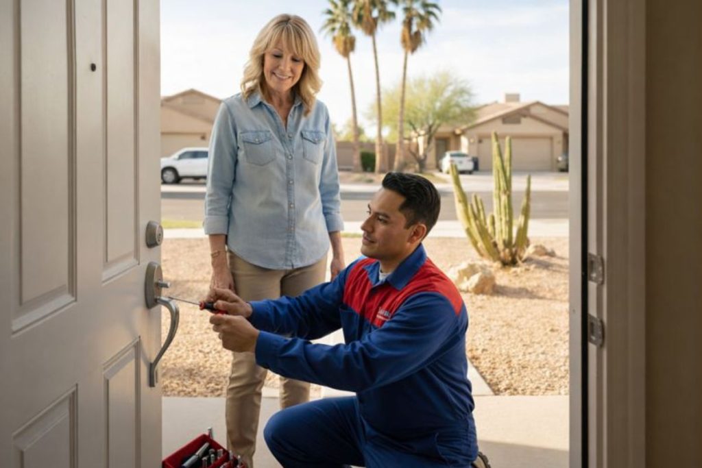 Professional Locksmith Mesa AZ technician installing a high-security deadbolt on a residential door.