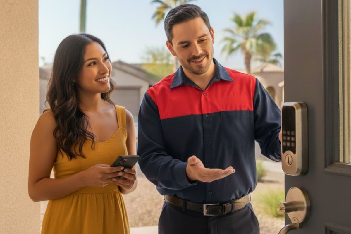 High-tech digital door lock with keypad and fingerprint sensor installed by a locksmith in Mesa AZ.
