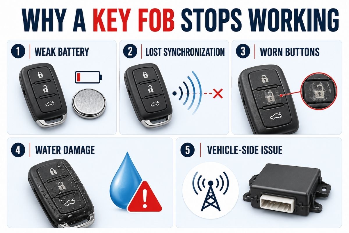 Five reasons a car key fob stops working, including battery failure, lost synchronization, worn buttons, water damage and vehicle-side issues